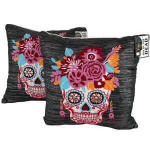 Day of the Dead Embroidered Rhinestones Multicolor Skull Bone Pillows 18X18" New